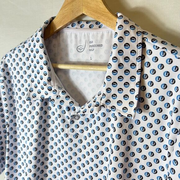 Old Fashioned Golf BreakthrU White Blue Black Geo Print Performance SS Polo Sz L - Picture 3 of 11